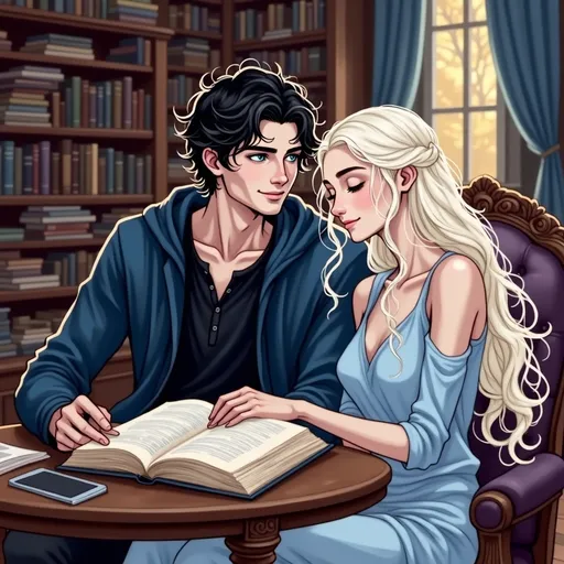 Prompt: A couple reading together in a cozy library. The man is thin with wild black hair. He is wearing white wizard's robes.  The woman is slim with pale skin and long platinum blonde hair. She is wearing light blue. They are happy and in love.