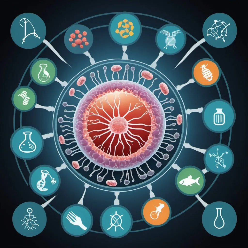 Prompt: A mammalian cell illustration with genetic engineering, biotechnology, bioinformatics icons