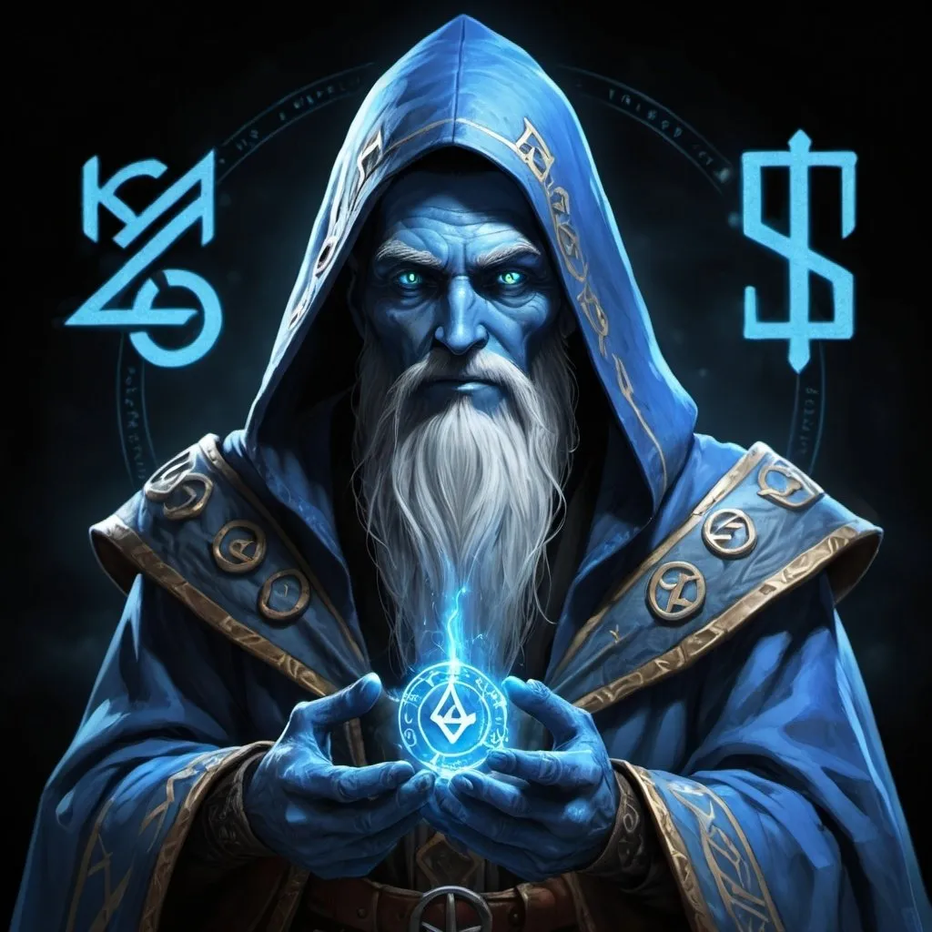 Prompt: A blue skinned wizard with rune symbology on him, along with the phrase "TRUST THE CODE" and "NORMIE CTO" somewhere on the image.