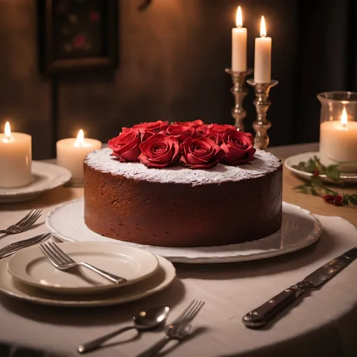 Prompt: A rosset cake, on a dining table, romantic setting. The background should depict a cozy kitchen setting with warm, ambient lighting, creating a romantic and atmosphere. Include elements such as a glass of red wine and a beautifully set table to enhance the mood.