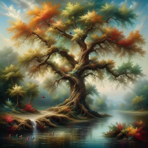 Prompt: <mymodel> Lush, vibrant painting of a majestic oak tree by a serene river, birds soaring in the sky, peaceful and serene atmosphere, high quality, oil painting, vibrant colors, natural lighting, detailed foliage, calm and tranquil river, birds in flight, realistic textures, serene landscape, professional, atmospheric lighting