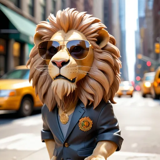 Prompt: A fashionable lion wearing sunglasses, walking on a new York street 