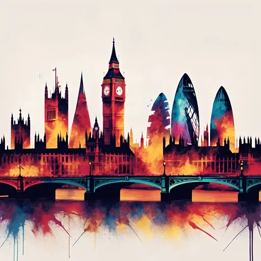 Prompt: London skyline made with musty oil painting effects and brush strokes, vibrant colours as abstract art 