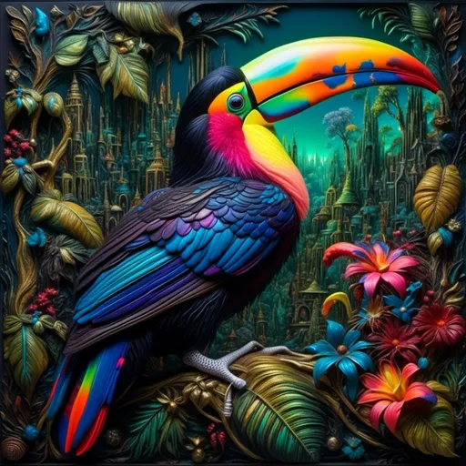 Prompt: <mymodel> A beautiful 3D photorealistic hyperrealistic elaborate ultra-detailed  airbrushed hazy Dark colorful “bioluminescent nature flower toucan in jungle palace of elves” in a forest at night . High color contrast, triatic colors