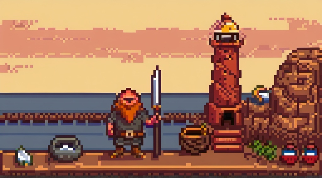 Prompt: A viking without horns standing in front a lighthouse and viking ship at the sunset