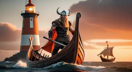 Prompt: empowered Viking, with modern clothes (no horns on helmet), Viking ship, (dynamic pose), (beige and orange colors), brightly lit with warm tones, (vibrant sunset), lighthouse in the background, tranquil sea with gentle waves, (highly detailed), (epic atmosphere), influenced by Nordic culture, strong stance, adventurous spirit, (4K) . The viking not too big in comparison to the lighthouse and viking ship.