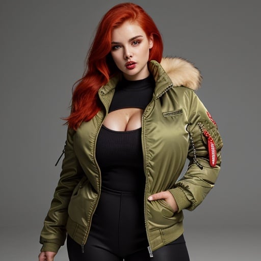 Prompt: Alpha industries jacket curvy red head cleavage plunging neck line head female