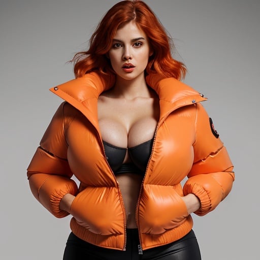 Prompt: Puffy bomber jacket orange lining curvy red head cleavage plunging neck line head female