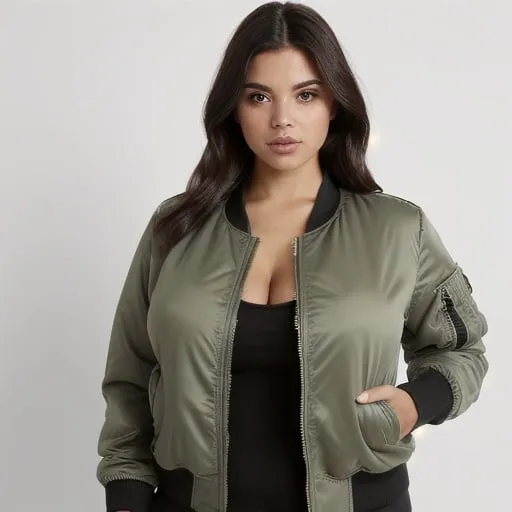 Prompt: Sage great bomber jacket curvy read cleavage head female