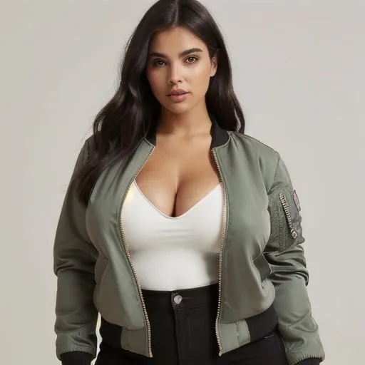 Prompt: Sage great bomber jacket curvy read cleavage plunging neck line head female