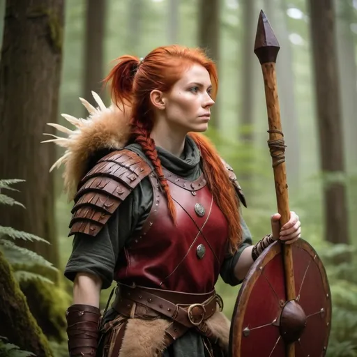 Prompt: /imagine a non-binary human druid in a fantasy setting, featuring vibrant red hair tied in a ponytail. They wear rugged animal hide armor adorned with natural elements no metal components and are holding a wooden quarterstaff and wooden shield. The scene should reflect a mystical and adventurous atmosphere, with a touch of nature magic. The druid’s expression should be calm and wise, embodying the essence of a protector of the natural world  --ar 16:9 --s 250 --style raw