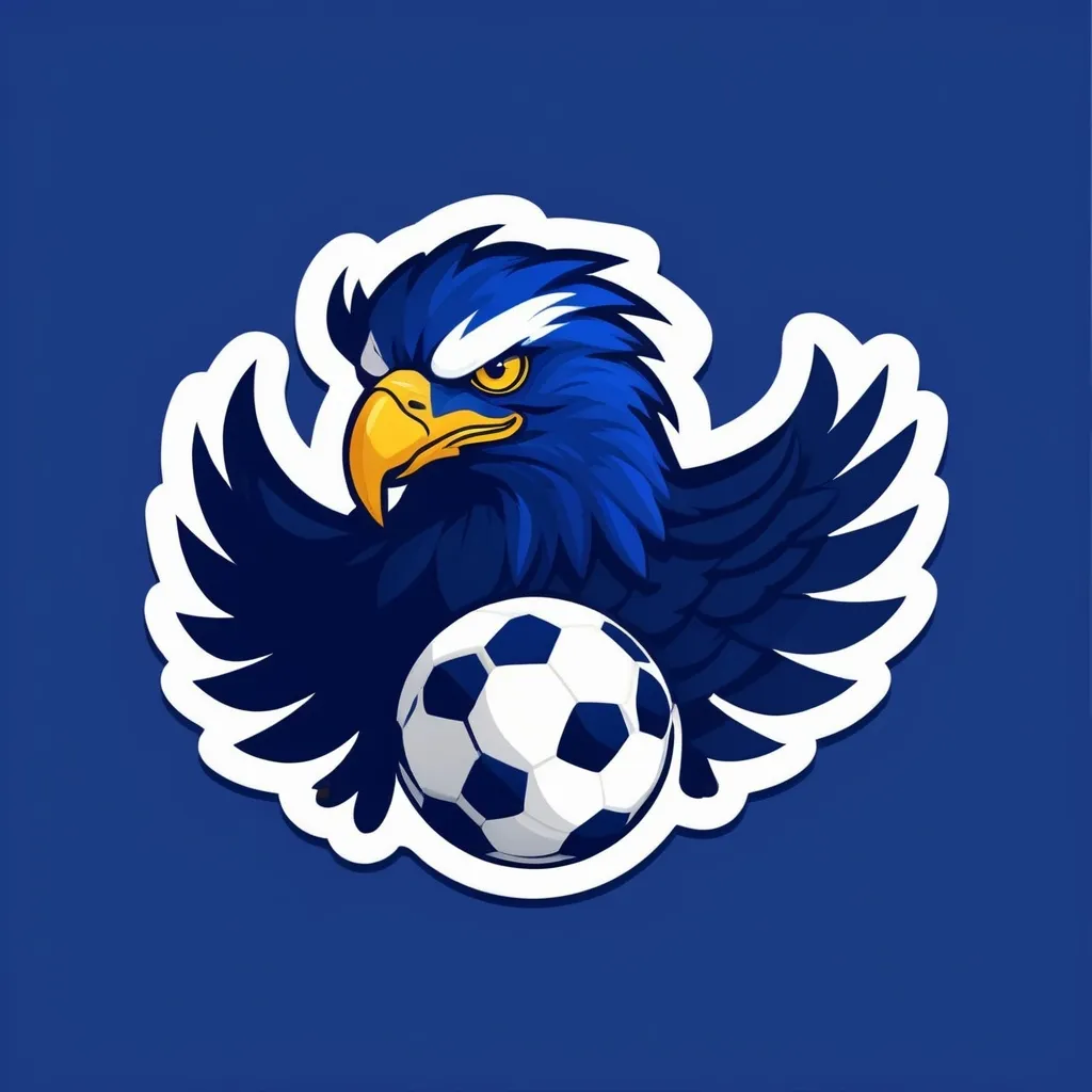 Prompt: illustrations for a team sticker,flat design,simple shapes,vector, predominantly royal blue,2D,a tough eagle going for a soccer ball