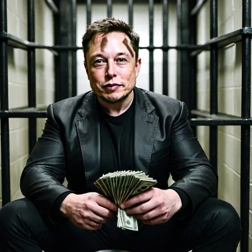 Prompt: Elon musk sitting with cash in his hands inside of a prison cell
