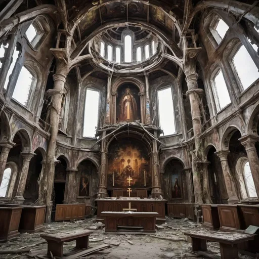 Prompt: Ruined orthodox church Romanian with tower collapsed seen from the inside tree grown over the altar saints paintings om the walls steampunk retro futuristic alien tech 