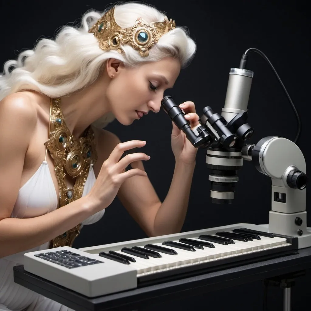 Prompt: goddess looking a music keyboard through a microscope