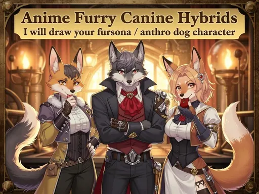 Prompt: ChatGPT, utilize your DALL·E capabilities to generate an appealing and relevant image for my Gig in I will draw you animal canine hybrid breeds furry fursona anime dog anthro, canine character. The image should visually represent my services and be eye-catching to potential buyers. Consider the color scheme, imagery, and any text that needs to be included, ensuring it aligns with the overall theme of my Gig. Here’s an example gig image above to match the style.
