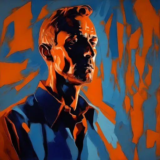 Prompt: man, expressionism, dark orange blue, vibrant use light shadow