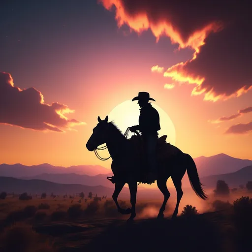 Prompt: silhouette of a cowboy riding into the sunset, c4d, dreamy and optimistic, vibrant sky.