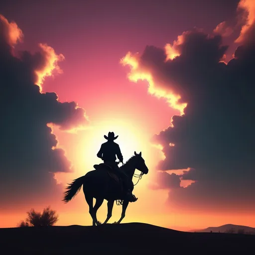 Prompt: silhouette of a cowboy riding into the sunset, c4d, dreamy and optimistic, vibrant sky.