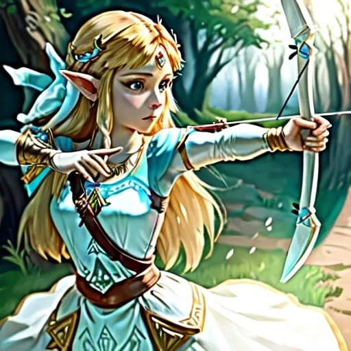 Prompt: Princess Zelda from BOTW holding a white bow and arrow she is in a white dress