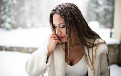 Prompt: a beautiful woman in a white coat is outside in the snow and is looking down at her hand on her shoulder, Aramenta Dianthe Vail, neo-romanticism, winter, a portrait