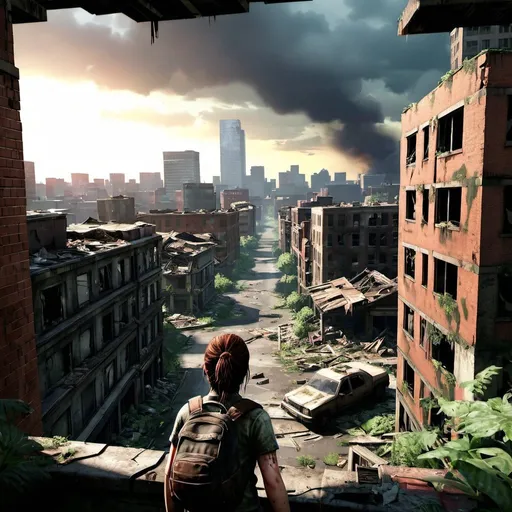 Prompt: last of us art, overlooking a destroyed and abandon city first person view
