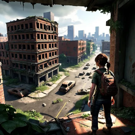 Prompt: last of us art, overlooking a destroyed and abandon city first person view
