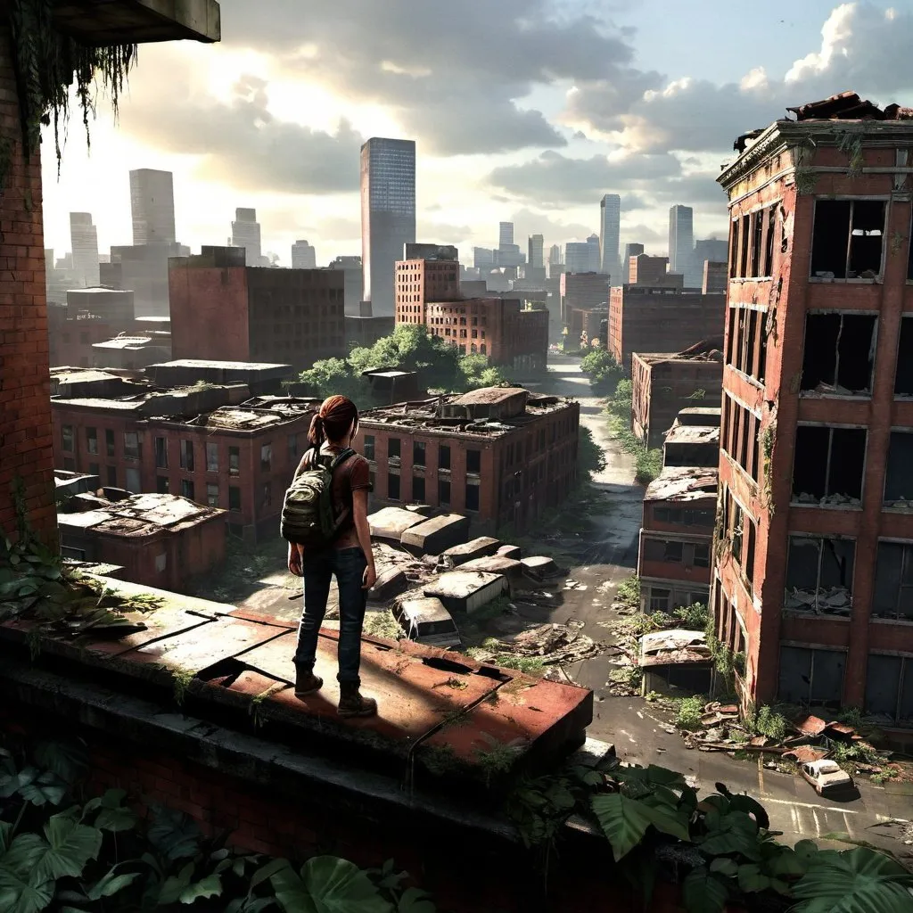 Prompt: last of us art, overlooking a destroyed and abandon city 