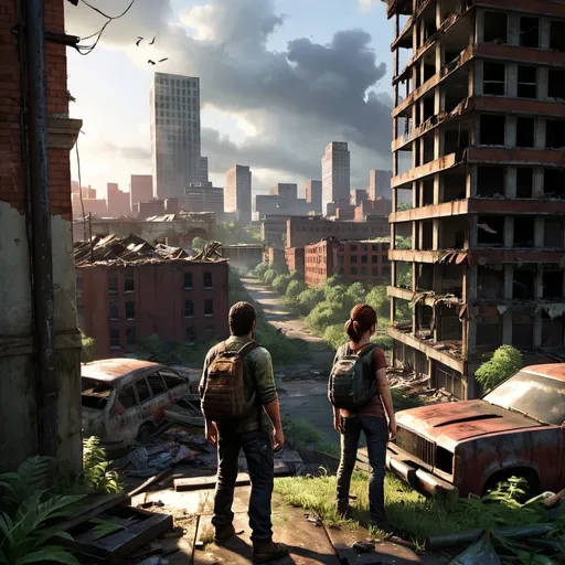 Prompt: last of us art, overlooking a destroyed and abandon city 