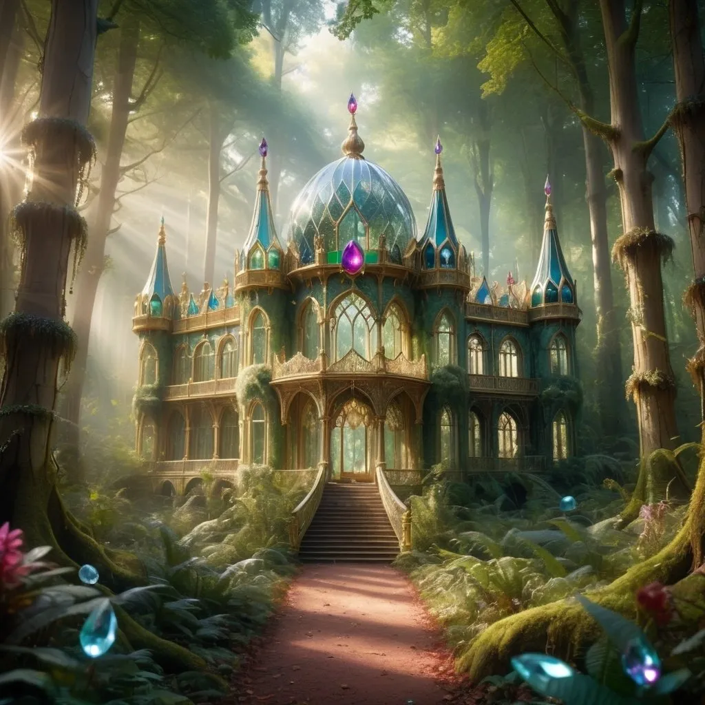 Prompt: A mystical forest with a jewelled and crystal Palace at the heart of the forest. The palace blends in with the forest and its surroundings but it is made of jewels and crystals. Sunlight shines on it making it more beautiful