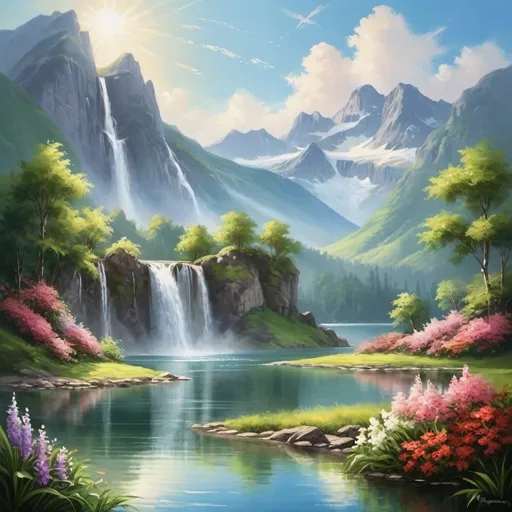 Prompt: A beautiful landscape painting of a lake, with mountains, a waterfall, lush greenery and pretty flowers. Show the sky and sunlight too and make it look like a realistic painting