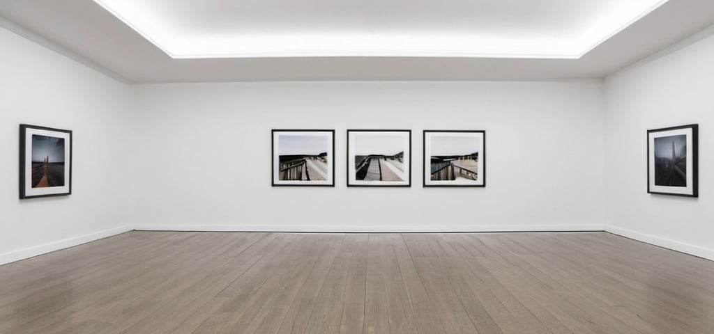 Prompt: white wall with three framed photographs evenly spaced from a front perspective showing part of the floor and ceiling