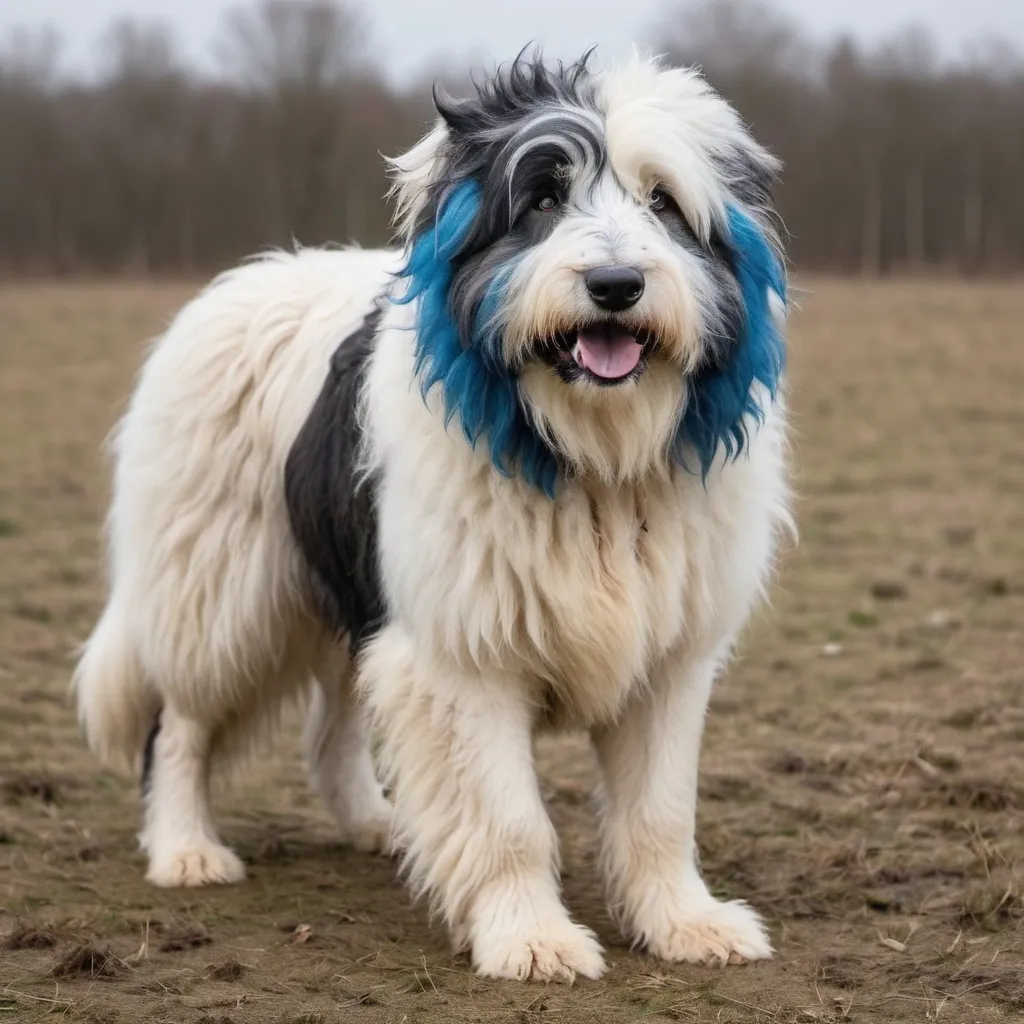 Prompt: polish lowland sheepdog with huge blue ears, post apo style