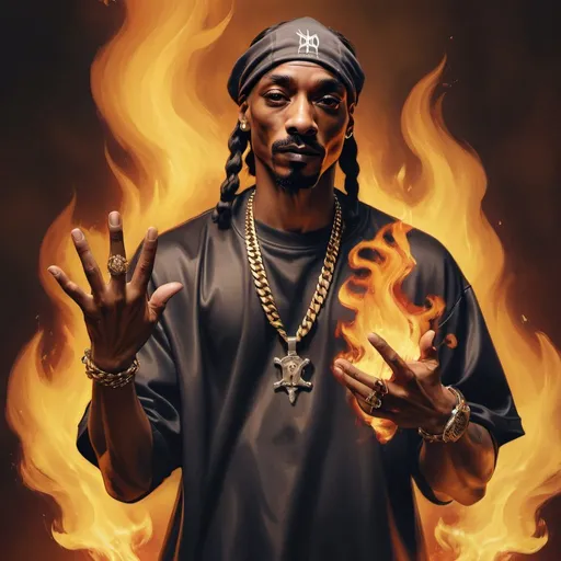 Prompt: hyper-realistic snoop dog y 2pac character with fire hands, fantasy character art, illustration, dnd, warm tone