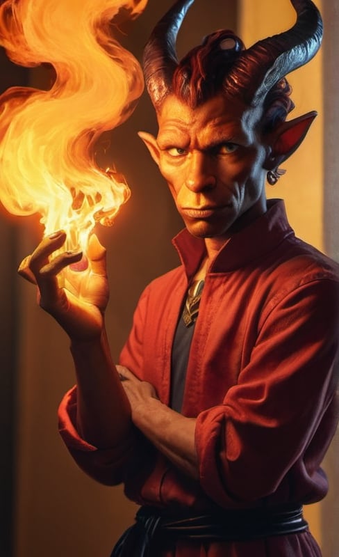 Prompt: hyper-realistic Tiefling character with fire hands, fantasy character art, illustration, dnd, warm tone bart Simpson 