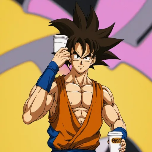 Prompt: Anime cyberpunk style, man in coffee shop, highly detailed, HD, dark background a Goku 