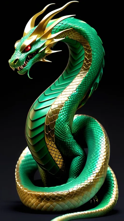 Prompt: Here’s a prompt you can use to generate a hybrid dragon-snake creature:

"Create an image of a hybrid creature with the long, sinuous body of a snake and the majestic features of a dragon. The body is covered in shimmering, iridescent dragon scales in shades of emerald, gold, and crimson. Its head is dragon-like, with sharp horns, glowing eyes, and a set of menacing fangs. The creature has large, leathery dragon wings extending from its back, capable of unfolding to take flight. A trail of smoke or small embers emanates from its nostrils. Its tail is whip-like, tapering to a sharp, spade-shaped tip. This creature combines the grace and stealth of a snake with the power and fearsome presence of a dragon, exuding an aura of ancient, mythical strength."

This should give you a striking and powerful hybrid dragon-snake!

