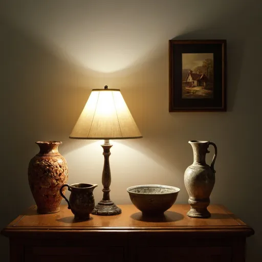 Prompt: still life art, depth, lighting, house hold items,