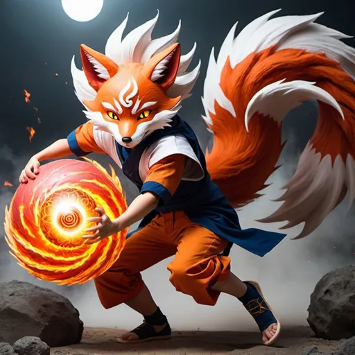 Prompt: nine tailed fox boy with superpowers going into battle firing and big superpowerd ball