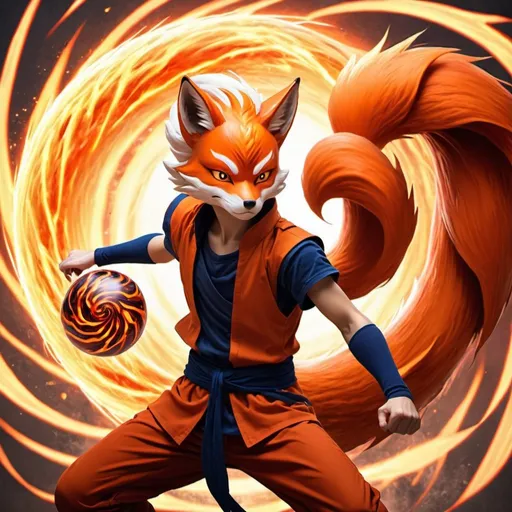 Prompt: nine tailed fox boy with superpowers going into battle firing and big superpowerd ball