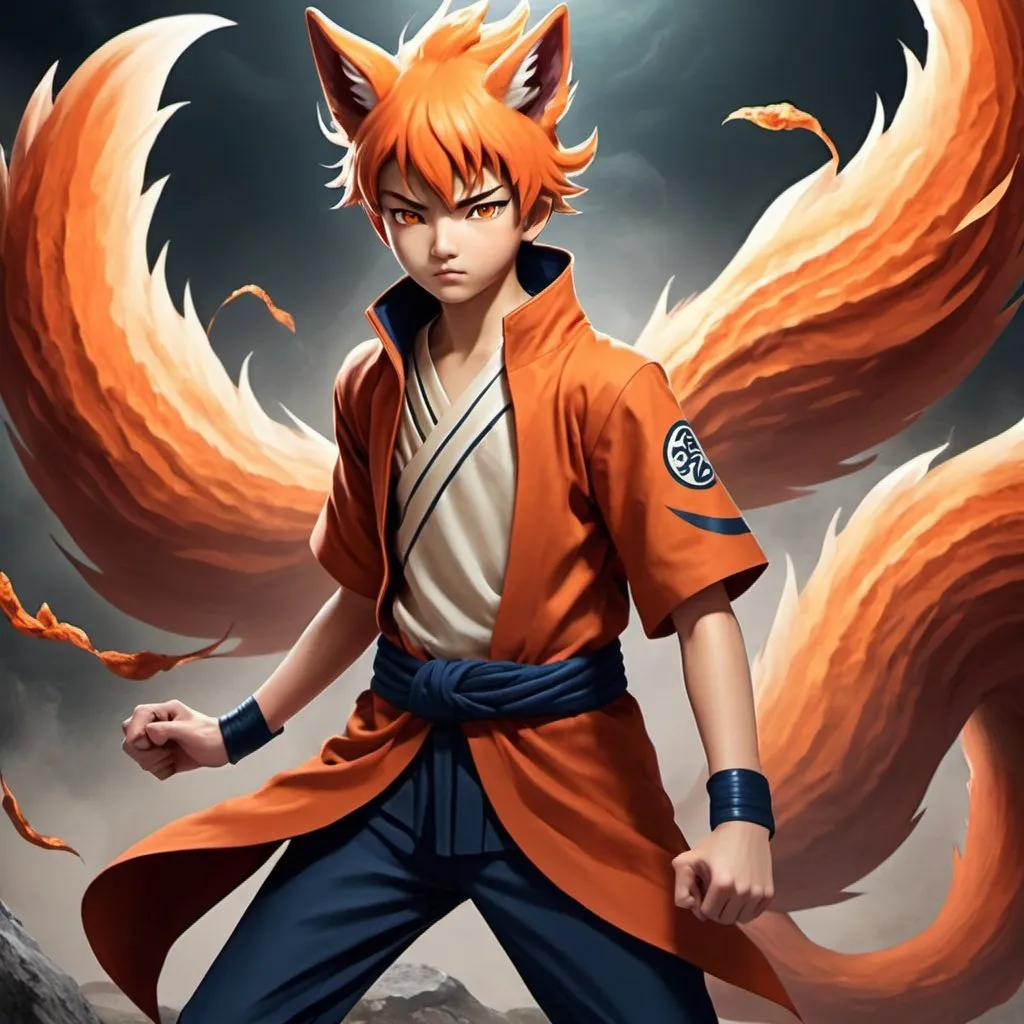 Prompt: nine tailed fox boy with superpowers going into battle