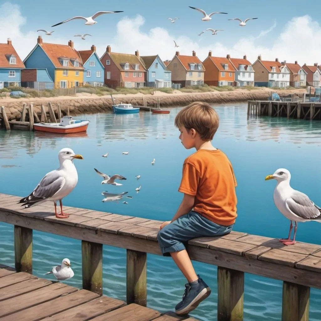 Prompt: Boy sitting on the jetty, houses in the distance, colour drawing, with sea creatures in the water, realistic looking with seagulls in the sky