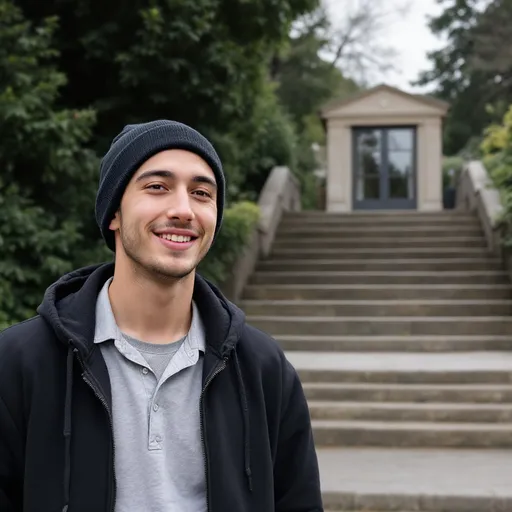 Prompt: A young man stands confidently in the foreground, wearing a black knit beanie and a zip-up jacket over a light gray shirt, offering a sense of casual style. His expression suggests a moment of contemplation or slight amusement, with a subtle smile playing at the corners of his mouth. The backdrop features a set of stone steps leading to a small building with large windows, framed by lush greenery under an overcast sky, indicating a cool and muted atmosphere. The composition draws the viewer’s eye from the subject to the ascending steps and the architectural elements beyond, creating a sense of depth. The soft, diffused light suggests a calm, introspective mood, making this an inviting yet reflective scene.
