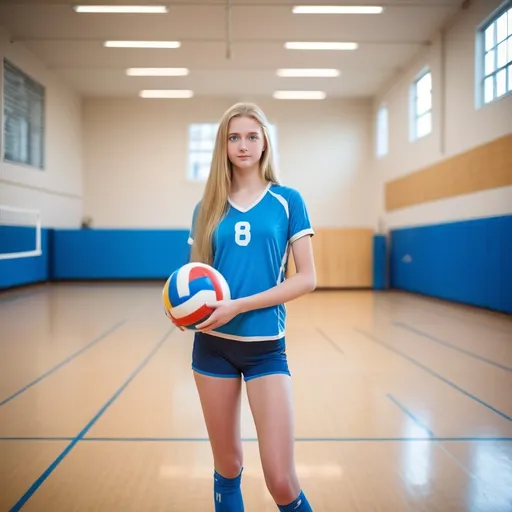 Prompt: tall teenage girl with long blond hair, blue eyes, in a gym, holding a volleyball, full length