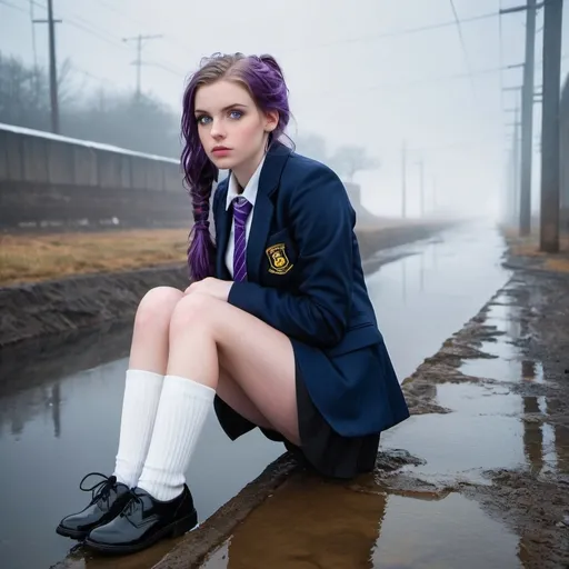 Prompt: 20-Year-Old Hannah Pinkston is a stunningly beautiful school girl with dark blue eyes, shoulder-length purple hair with ponytails, stunning golden-ratio faces, long shapely legs, pale skin, Knee-length white socks, flat black shoes, very short black pleated skirts, dark navy blazer & ties, Sitting on a wall In a Water supply Plant with freezing bare legs during a frosty morning on her way to school during an icy heavy rainy blizzard, icy frosty scene, fog unhappy freezing shivery and pouting, 8k photo, detailed, realistic, winter, beautiful schoolgirls, seaside view white knee-length socks, frosty, raining freezing, soaking wet, icy, pale skin, long cold wet bare legs, Flat black shoes, detailed eyes, below the freezing atmosphere.