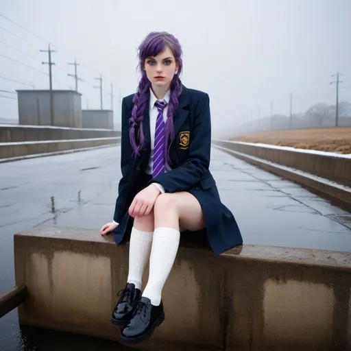 Prompt: The 20-Year-Old Hannah Sumner is a stunningly beautiful school girl with dark blue eyes, shoulder-length purple hair with ponytails, stunning golden-ratio faces, long shapely legs, pale skin, Knee-length white socks, flat black shoes, very short black pleated skirts, dark navy blazer & ties, Sitting on a wall In a Water supply Plant with freezing bare legs during a frosty morning on her way to school during an icy heavy rainy blizzard, icy frosty scene, fog unhappy freezing shivery and pouting, 8k photo, detailed, realistic, winter, beautiful schoolgirls, seaside view white knee-length socks, frosty, raining freezing, soaking wet, icy, pale skin, long cold wet bare legs, Flat black shoes, detailed eyes, below the freezing atmosphere.