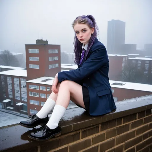 Prompt: The 20-Year-Old Lucinda Wood is a stunningly beautiful school girl with dark blue eyes, shoulder-length purple hair with ponytails, stunning golden-ratio faces, long shapely legs, pale skin, Knee-length white socks, flat black shoes, very short black pleated skirts, dark navy blazer & ties, Sitting on a wall on a wall next to some tower block offices with freezing bare legs during a frosty morning on her way to school during an icy heavy rainy blizzard, icy frosty scene, fog, freezing, 8k photo, detailed, realistic, winter, beautiful schoolgirls, Tower block offices white knee-length socks, frosty, raining freezing, soaking wet, icy, pale skin, long cold wet bare legs, Flat black shoes, detailed eyes, below the freezing atmosphere.