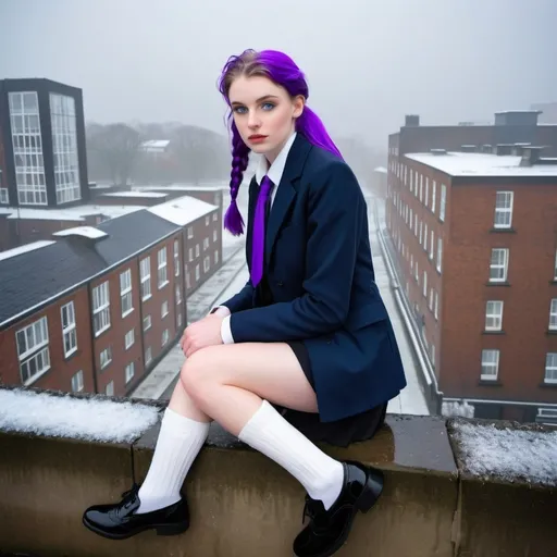 Prompt: The 20-Year-Old Lucinda Wood is a stunningly beautiful school girl with dark blue eyes, shoulder-length purple hair with ponytails, stunning golden-ratio faces, long shapely legs, pale skin, Knee-length white socks, flat black shoes, very short black pleated skirts, dark navy blazer & ties, Sitting on a wall on a wall next to some tower block offices with freezing bare legs during a frosty morning on her way to school during an icy heavy rainy blizzard, icy frosty scene, fog, freezing, 8k photo, detailed, realistic, winter, beautiful schoolgirls, Tower block offices white knee-length socks, frosty, raining freezing, soaking wet, icy, pale skin, long cold wet bare legs, Flat black shoes, detailed eyes, below the freezing atmosphere.