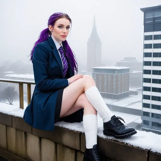 Prompt: The 20-Year-Old Jacinda Wood is a stunningly beautiful school girl with dark blue eyes, shoulder-length purple hair with ponytails, stunning golden-ratio faces, long shapely legs, pale skin, Knee-length white socks, flat black shoes, very short black pleated skirts, dark navy blazer & ties, Sitting on a wall on a wall next to some tower block offices with freezing bare legs during a frosty morning on her way to school during an icy heavy rainy blizzard, icy frosty scene, fog, freezing, 8k photo, detailed, realistic, winter, beautiful schoolgirls, Tower block offices white knee-length socks, frosty, raining freezing, soaking wet, icy, pale skin, long cold wet bare legs, Flat black shoes, detailed eyes, below the freezing atmosphere.