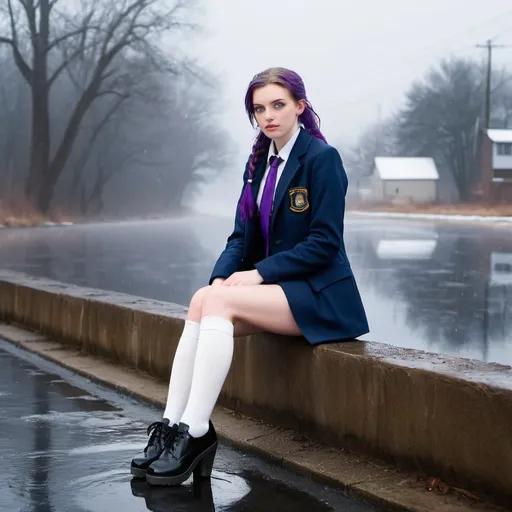 Prompt: 20-Year-Old Hannah Pinkston is a stunningly beautiful school girl with dark blue eyes, shoulder-length purple hair with ponytails, stunning golden-ratio faces, long shapely legs, pale skin, Knee-length white socks, flat black shoes, very short black pleated skirts, dark navy blazer & ties, Sitting on a wall along the water system plant with freezing bare legs during a frosty morning on her way to school during an icy heavy rainy blizzard, icy frosty scene, fog unhappy freezing shivery and pouting, 8k photo, detailed, realistic, winter, beautiful schoolgirls, Water system plant view white knee-length socks, frosty, raining freezing, soaking wet, icy, pale skin, long cold wet bare legs, Flat black shoes, detailed eyes, below the freezing atmosphere.